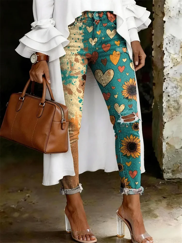 Women's Fashion Casual Multicolor Flowers Art Print Ripped Skinny Jeans