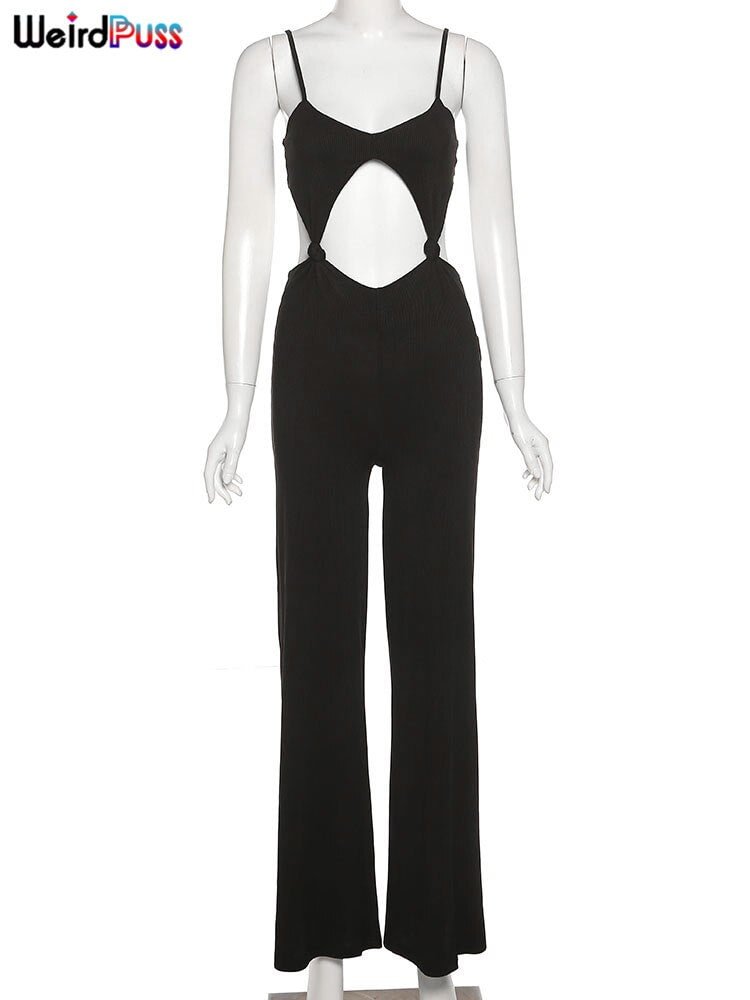 Weird Puss Women Elegant Tank Straight Jumpsuit Hollow Waistless Casual Summer Fashion Hot Street Elastic Slim Office Outfit