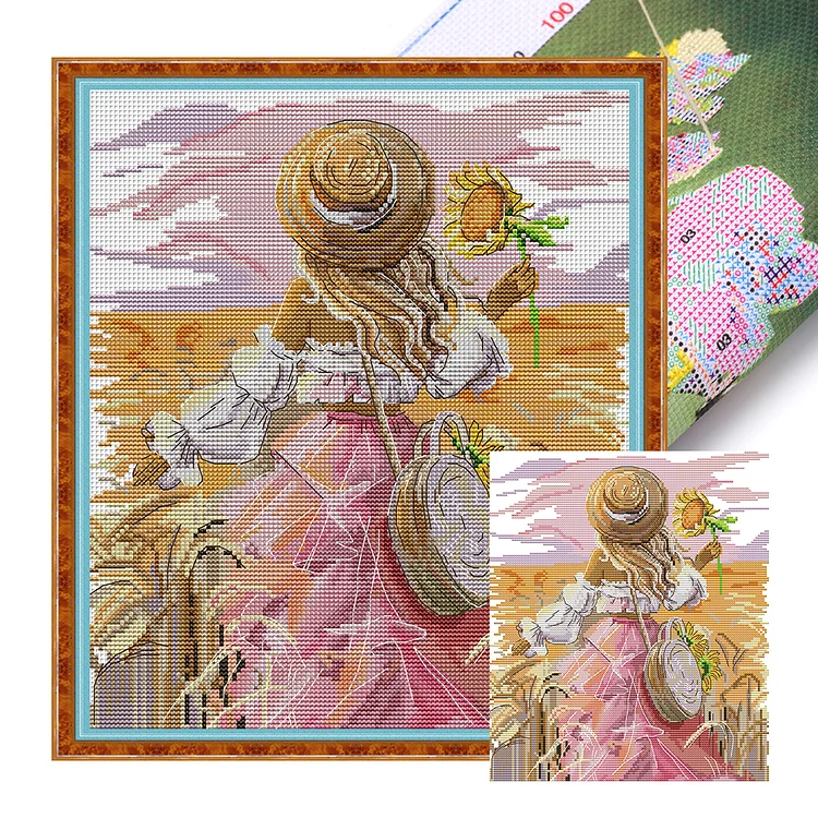 『Joy Sunday』Sunflower Girl - 16CT Stamped Eco-Friendly Cotton Thread Cross Stitch(26*30cm)(Backstitch)