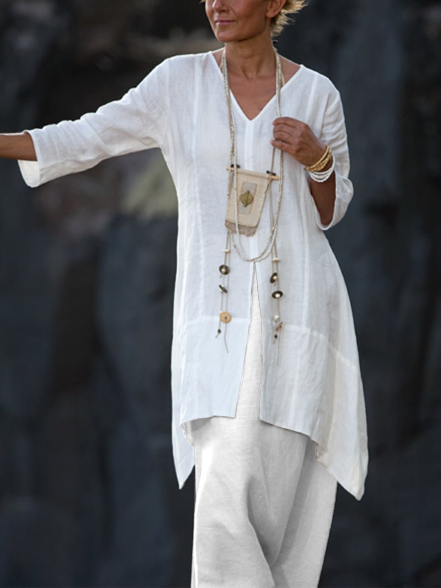 V Neck Pure Color Casual Loose Long Sleeve Suit