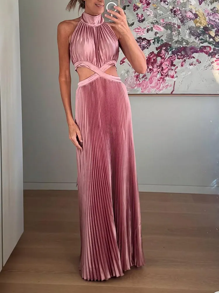 Elegant High-neck Halterneck Satin Pleated Maxi Dress