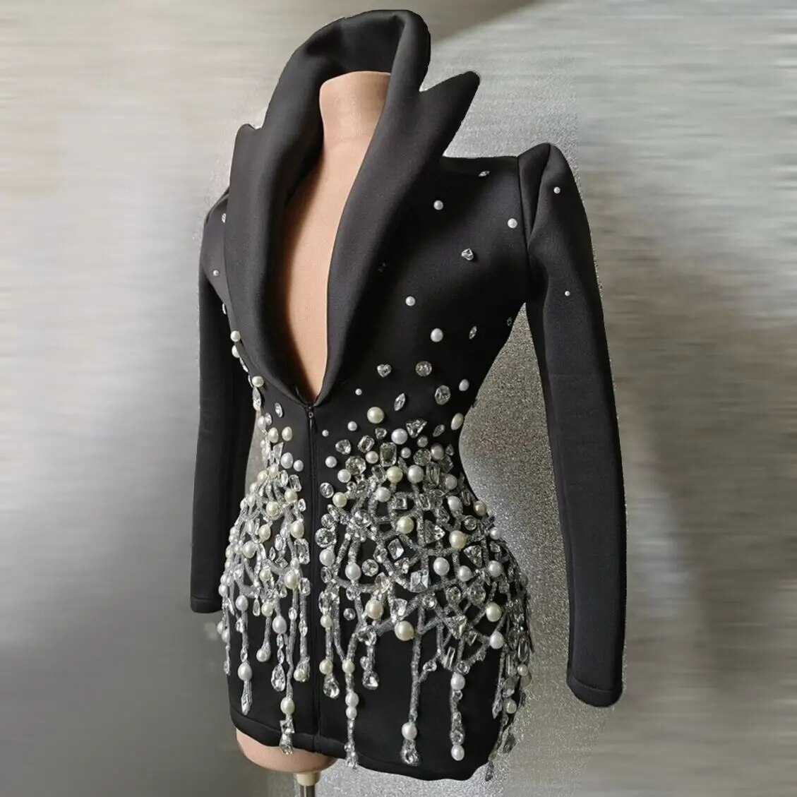 VCSHOES Sparkly Crystal Pearls Mini Dress Black Color Suit Collar Birthday Evening Party Nightclub Dress Singer Dress