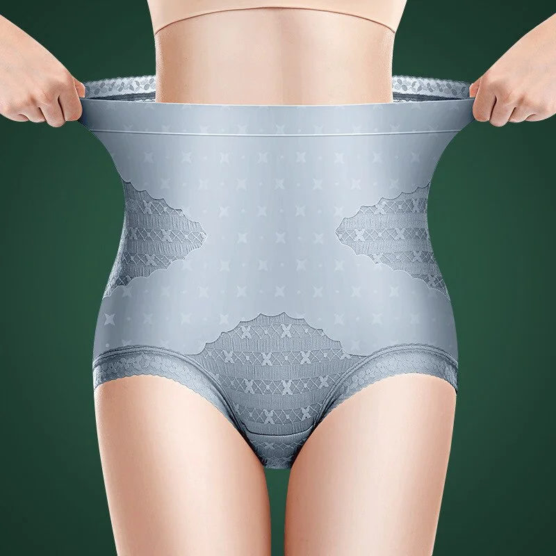 Billionm New Ice Silk Seamless Panties Women's High Waist Flat Belly Briefs Plus Size Shaping Underwear Sexy Lace Lingerie