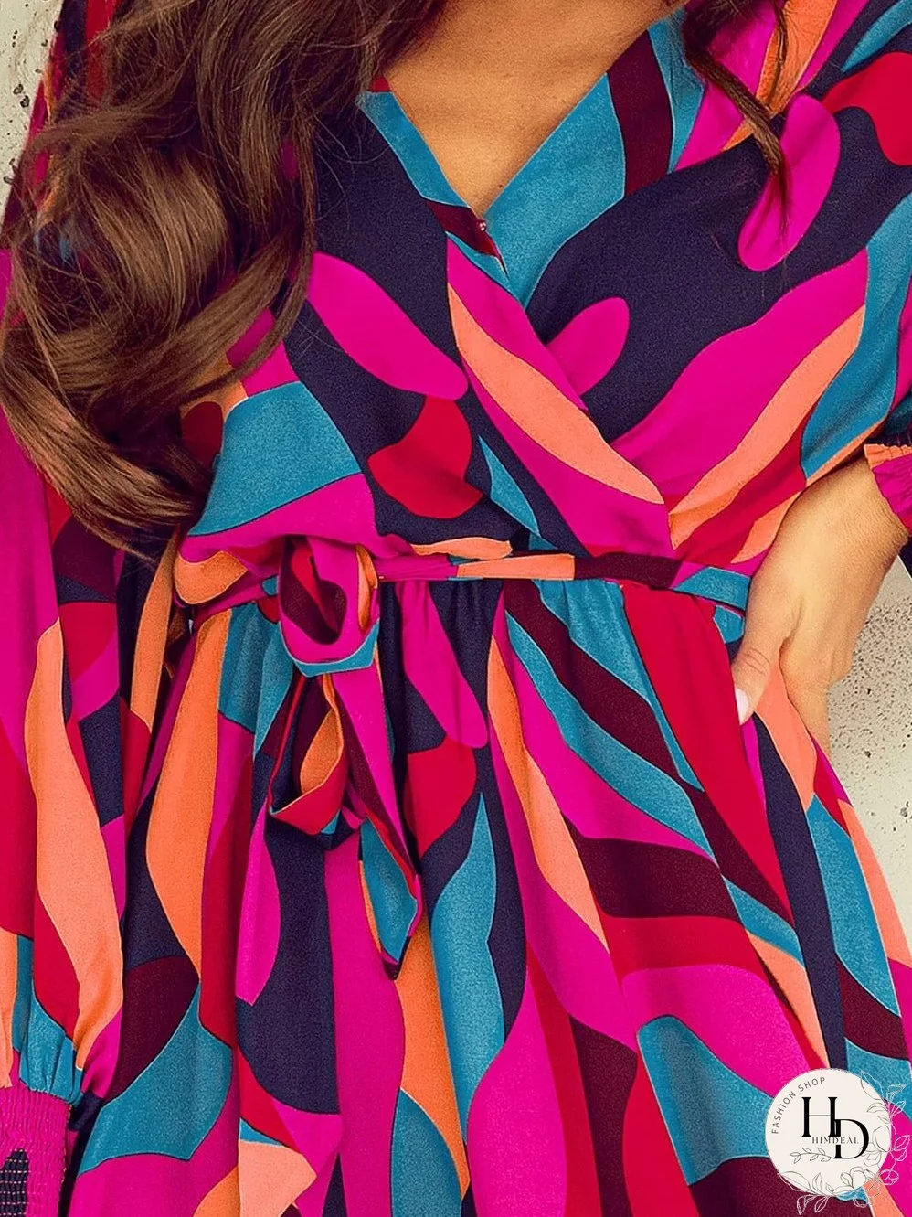 Lapel Print Lace-Up Long Sleeve Dress