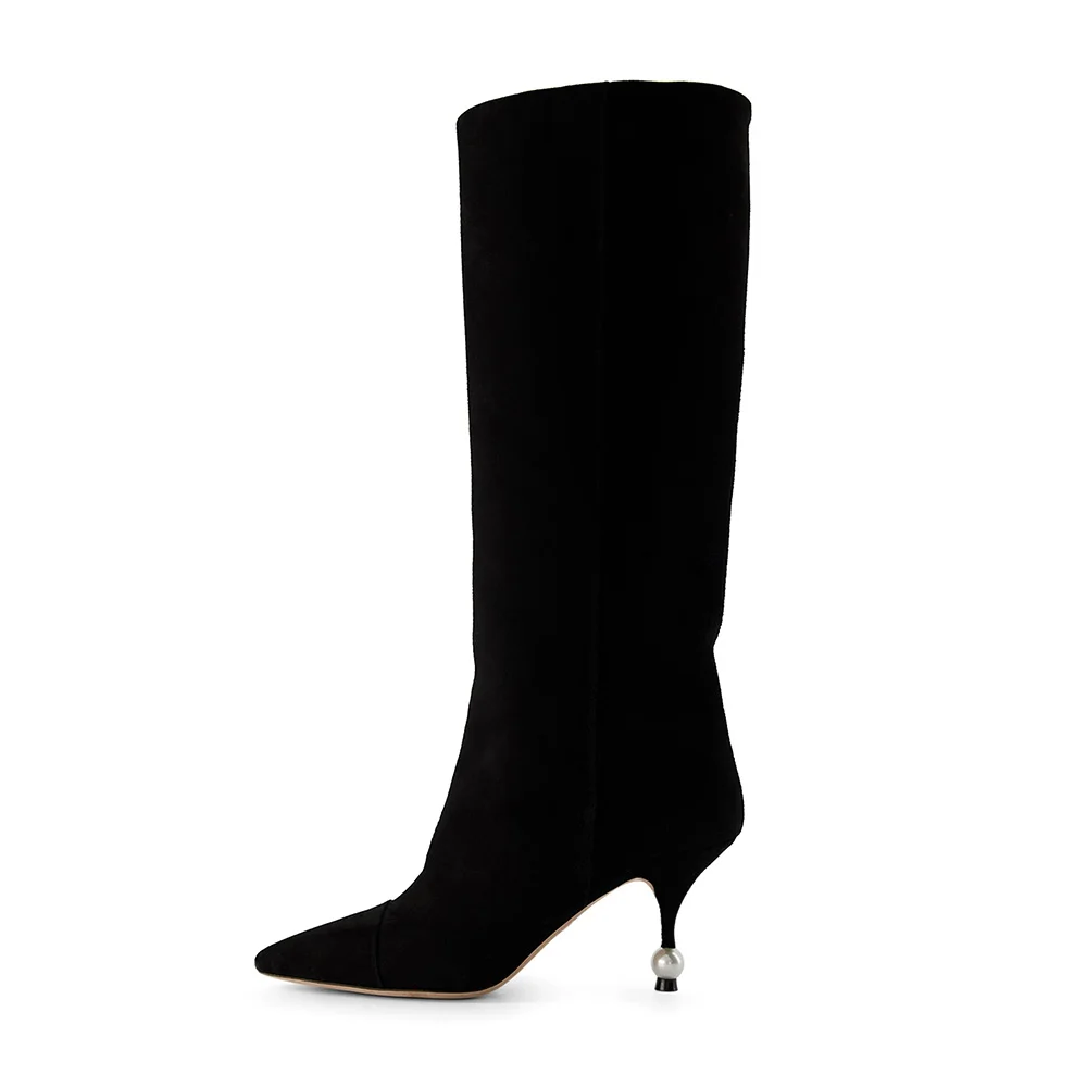Black Vegan Suede Pointed Toe Sculptural Heel Knee High Boots with Pearl