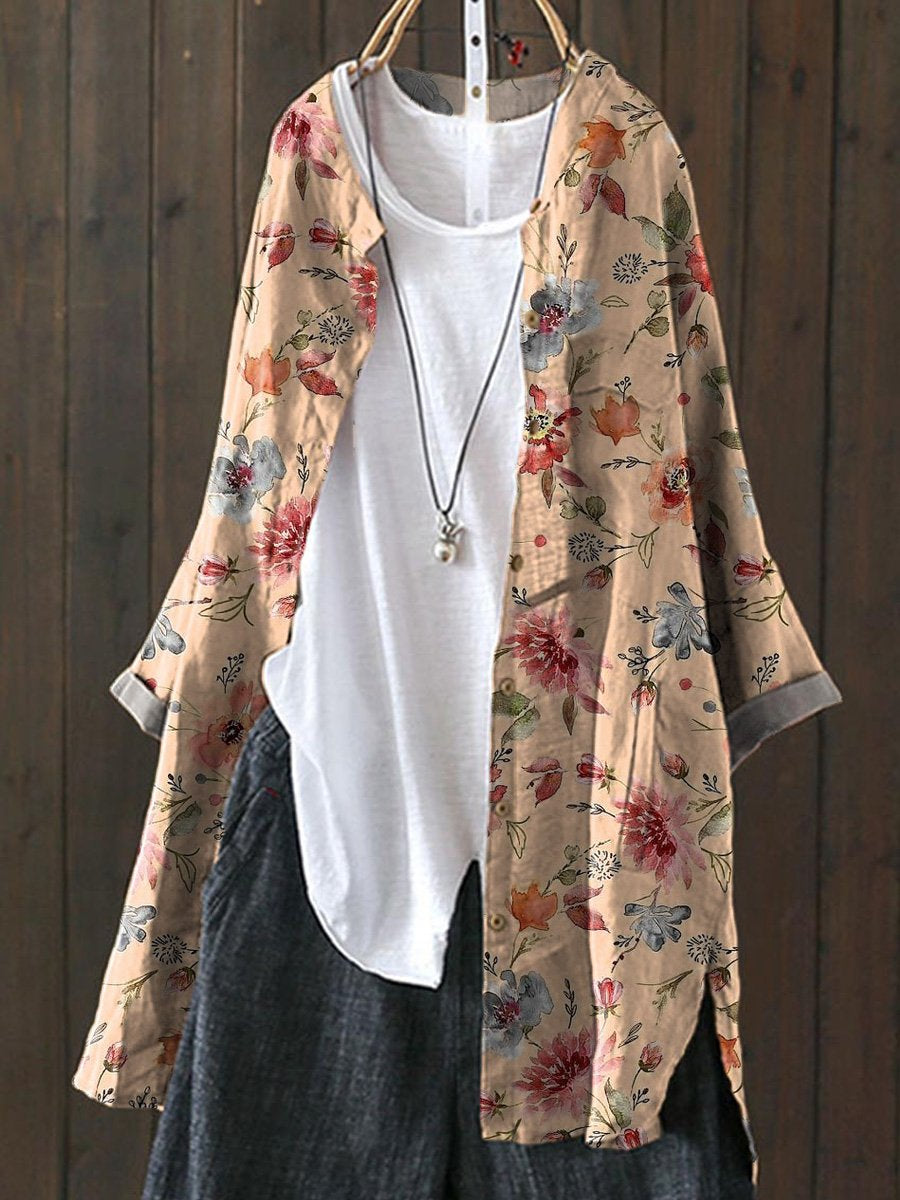 Watercolor Vintage Style Floral Pattern Printed Women's Loose Casual Top Jacket