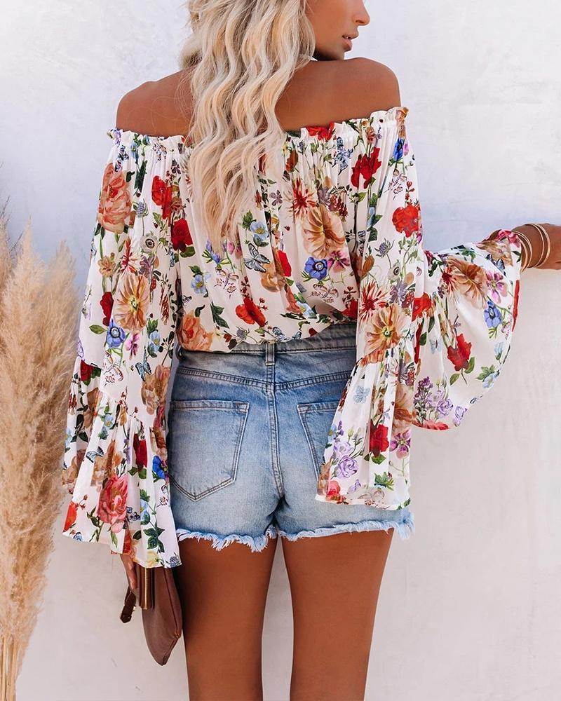 Floral Off Shoulder Flared Sleeve Blouse Top