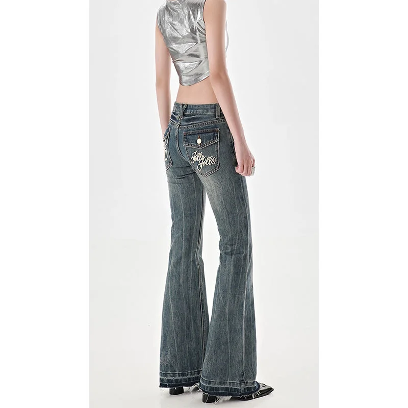 Woherb High Street Spicy Girls Low Waist Jeans Women Autumn Vintage Y2k Design Sense Slim Fit Straight Tube Micro Flare Pants