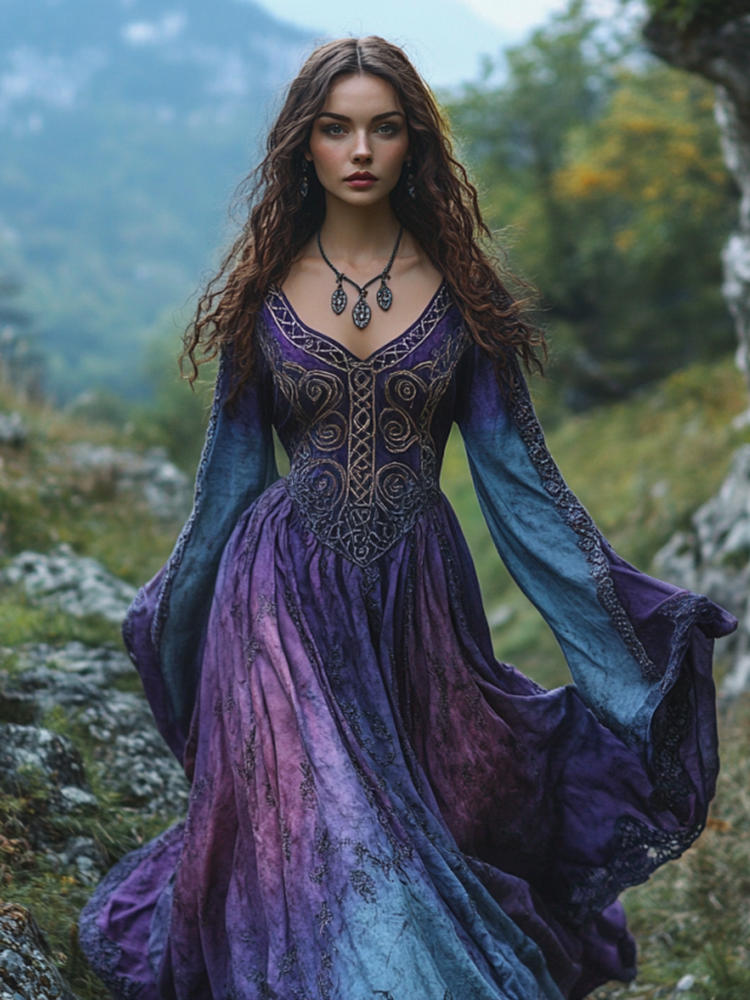 Comstylish Vintage Viking Tribal Celtic Knot Art Linen V-neck Maxi Dress