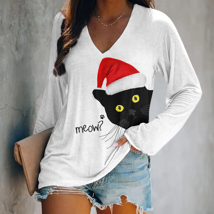 Vefave Christmas Cat Print Casual V-Neck T-Shirt