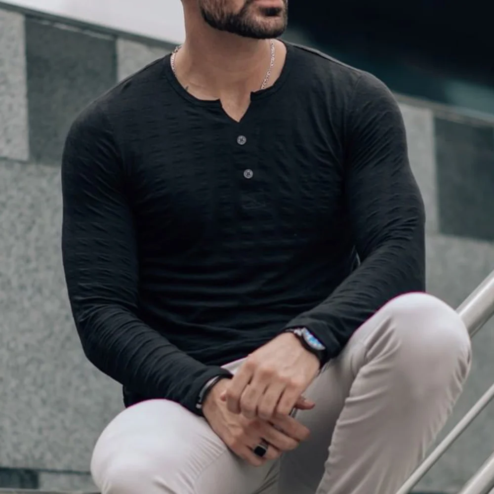 Men's Solid Color V-Neck Casual Slim Fit Long Sleeve T-shrit Top