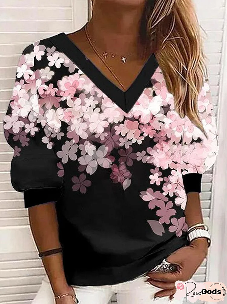 Casual Floral Design V-Neck Loose Knit Sweatshirt