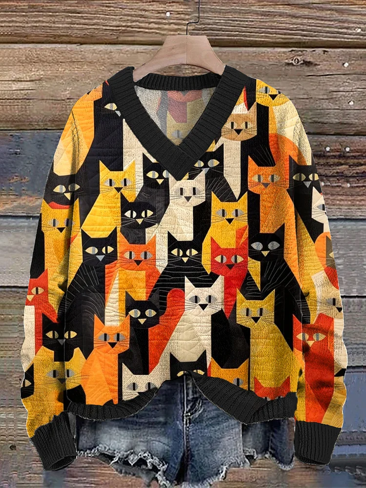 Felt Art Cat Pattern V-Neck Knit Sweater