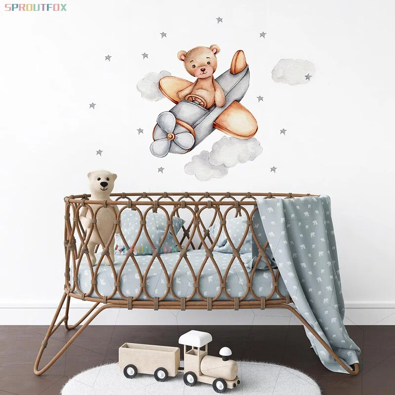 Cute Bear on Airplane Wall Stickers Stars Clouds Wall Decals for Kids Boy Room Bedroom Baby Nursey Home Decoartion Animals