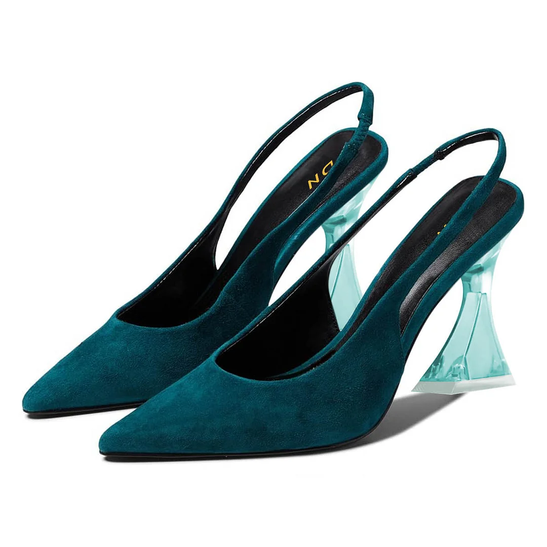 Classic Dark Teal Vegan Suede Pointed Toe Slingback Heels