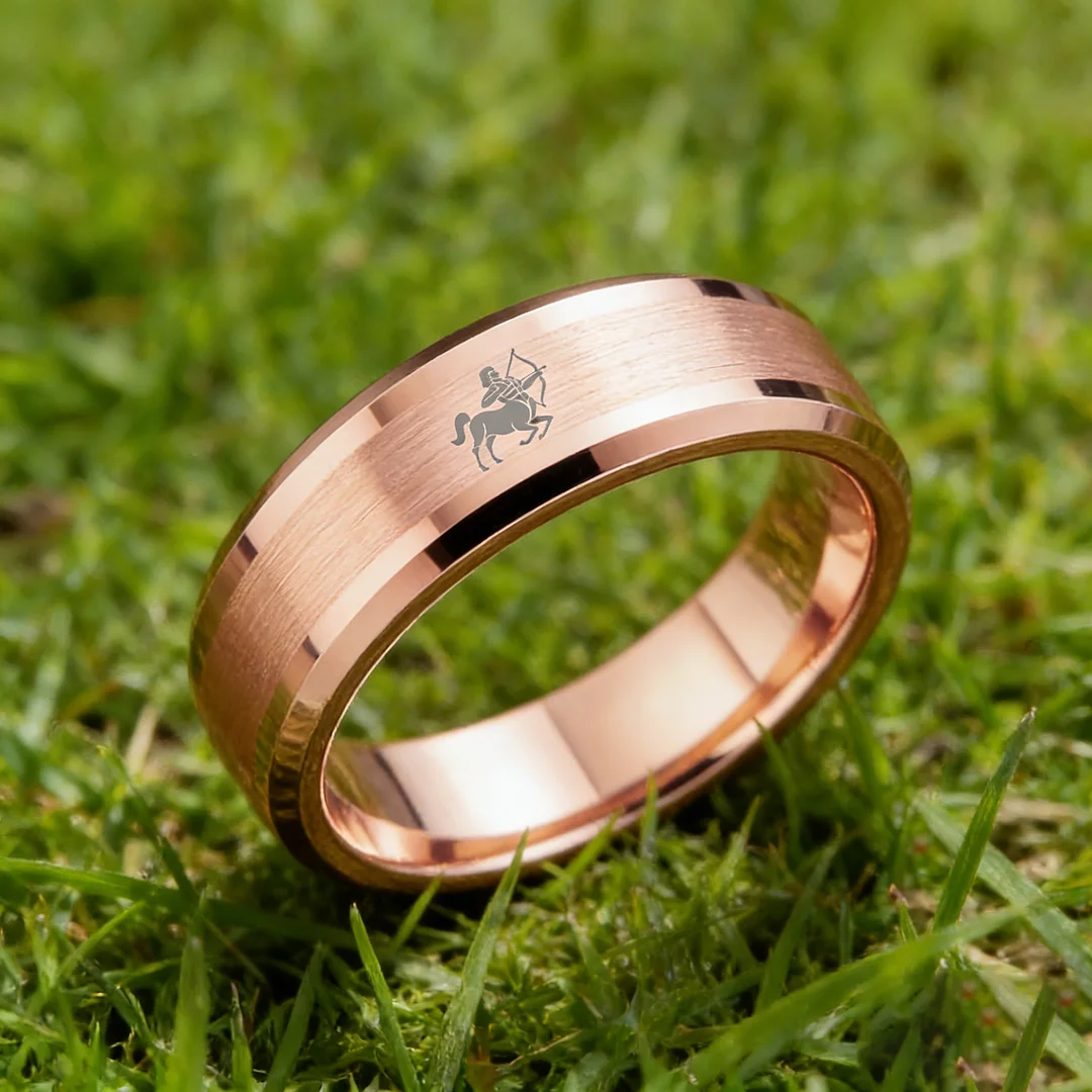 Beveled Edges Rose Gold Laser Etched Tungsten Carbide Band Rose Gold Sagittarius Couple Wedding Rings 4MM 6MM 8MM