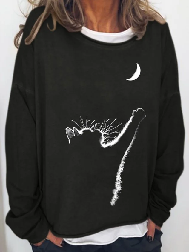 Women Cat Moon Print Casual Crew Neck Sweatshirt socialshop