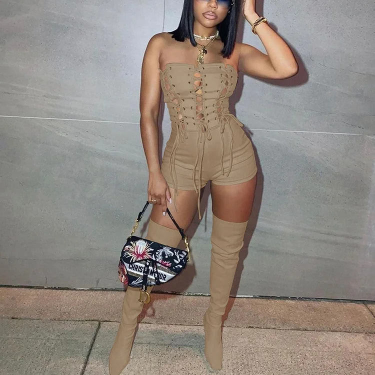 CM.YAYA Women Lace Up Strapless High Waist  Romper Playsuit 2022 Spring Summer Sexy Party Clubwear Bodycon One Piece Overalls