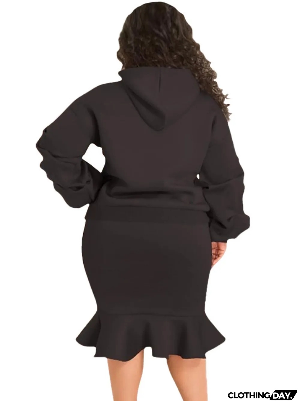 Winter Plus Size Black Puffed Long Sleeve Hoodies And Fishtail Skirt Wholesale Two Piece Clothing