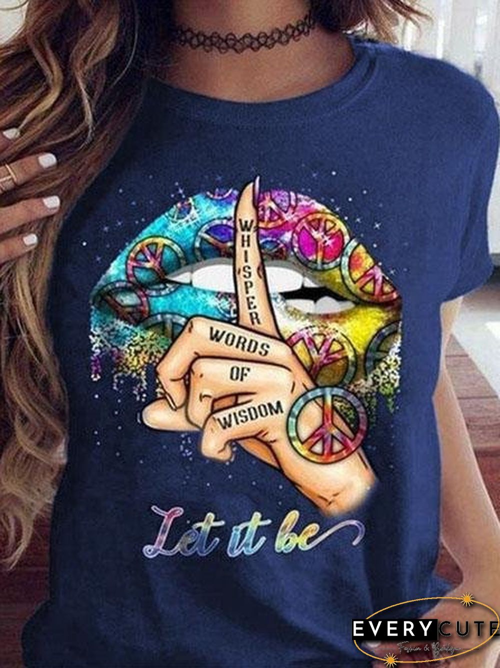 Shut Up Gesture Lips Print Round Neck Short Sleeve T-Shirt