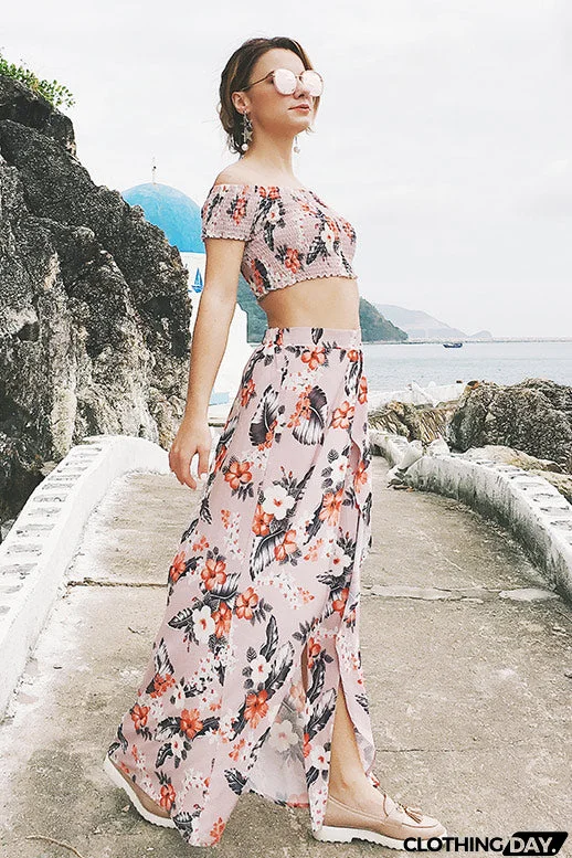 Off-the-shoulder Floral Slit Two Piece Sets