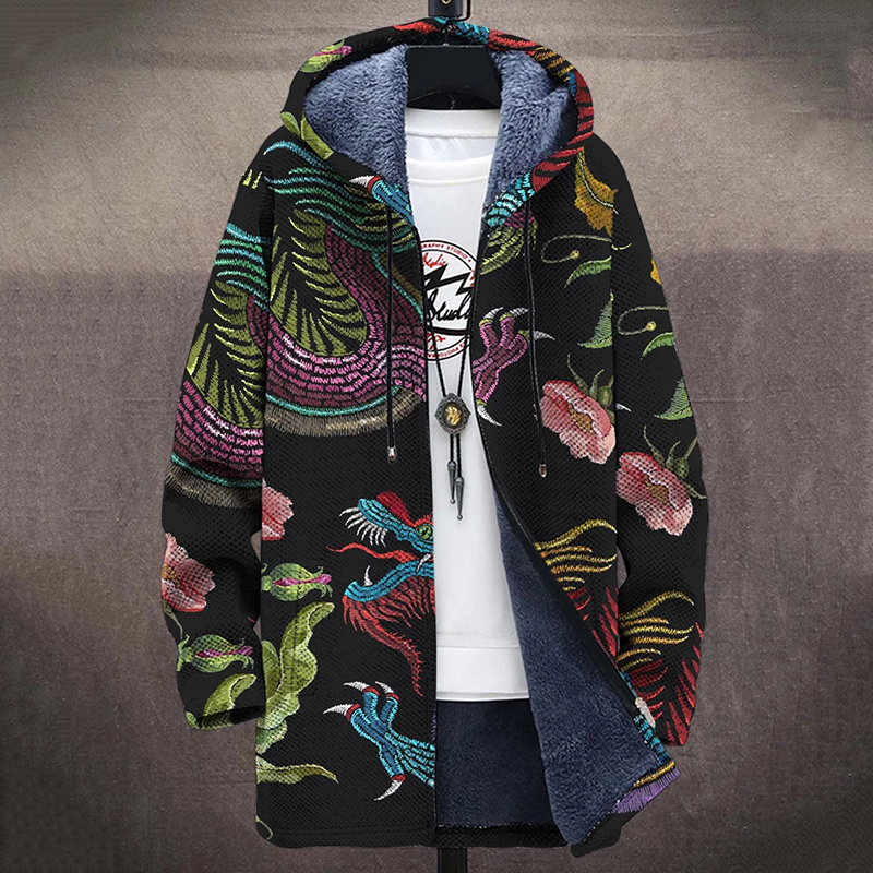 Men's Retro Flying Dragon Embroidery Plush Men's Hooded Jacket