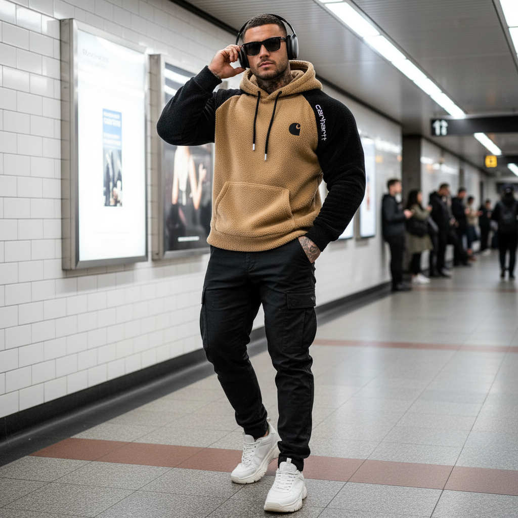 Men's Vintage Western Cowboy Embroidered Contrast Fleece Raglan Sleeve Pocket Hoodie