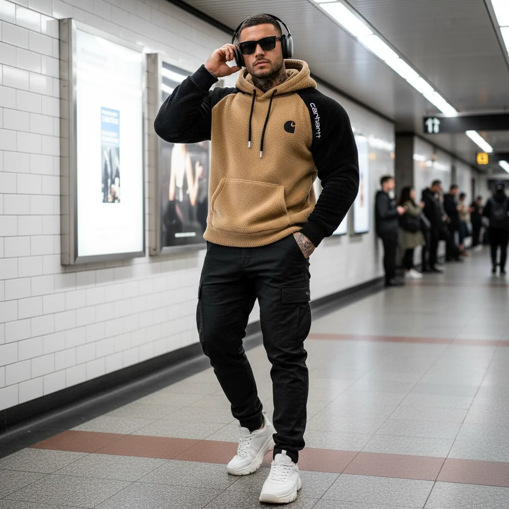 Men's Vintage Western Cowboy Embroidered Contrast Fleece Raglan Sleeve Pocket Hoodie