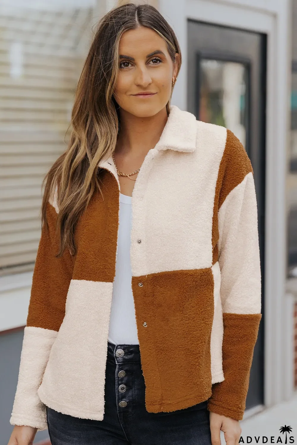 Colorblock Checkered Sherpa Jacket