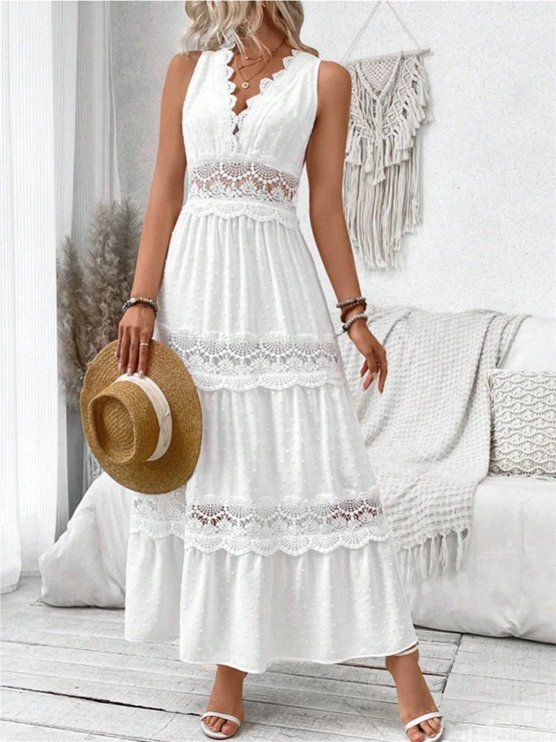 Women's Sleeveless V-neck Hollow Lace Stitching Maxi Dress