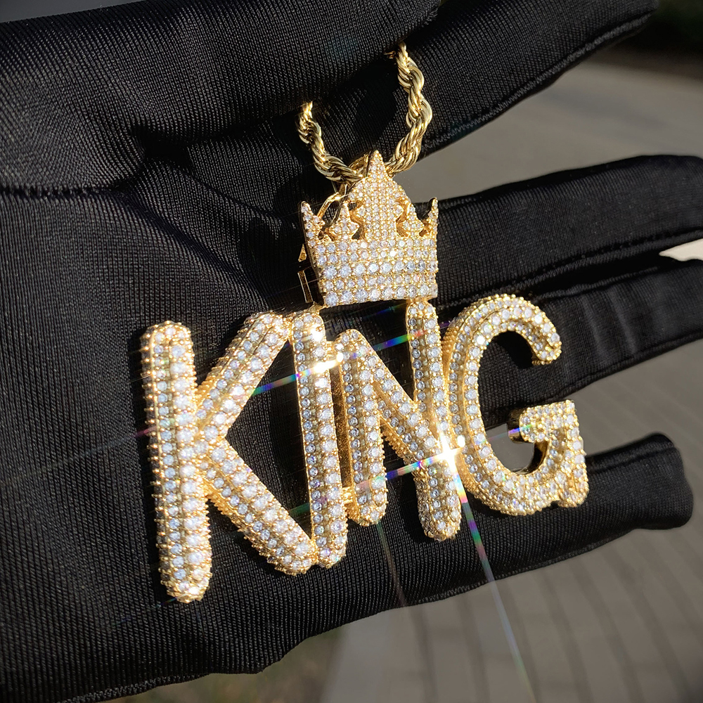 Iced Out Bling Crown Badge Letter King CZ Pendants