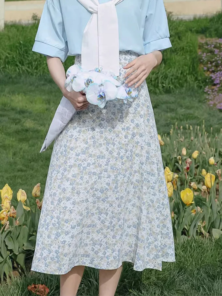 Floral High Waist Mid-length Skirt - Blue