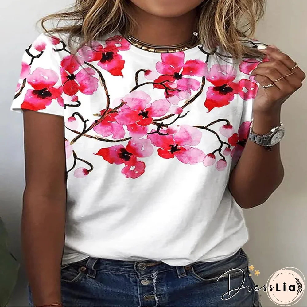 Summer New 3D Printing Ladies Casual Floral Theme Painting T-Shirt Printing Round Neck Soft Fashion Women's Clothing