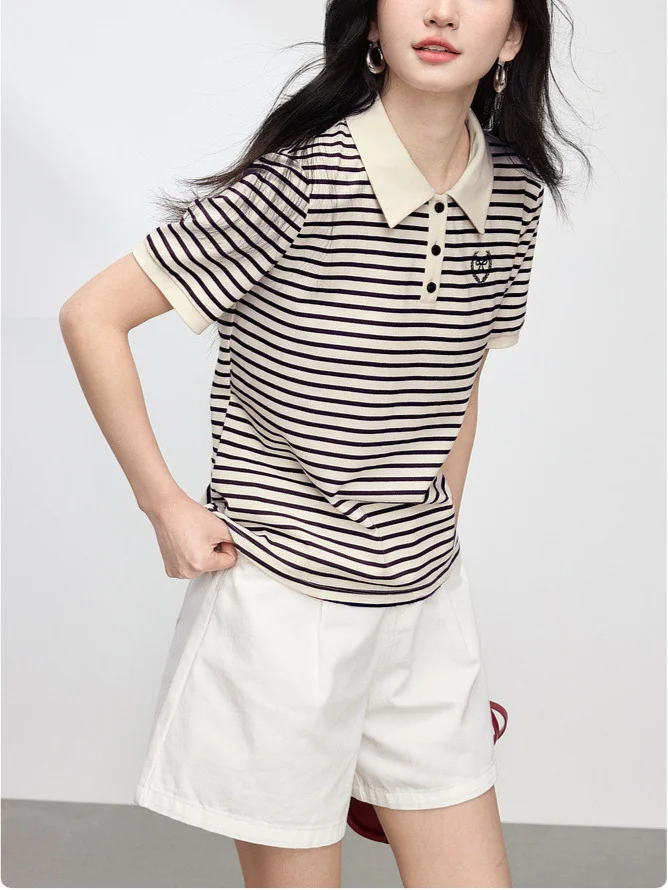 Athvotar Athvotar Striped Embroidery POLO Shirt 2025 Summer New Bing Color Reduction Women's Short-Sleeved T-Shirt