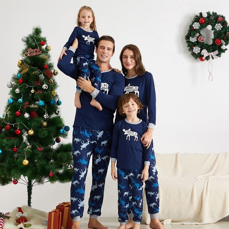 Christmas Pajama - Blue Elk Printed Christmas Family Matching Pajama Sets