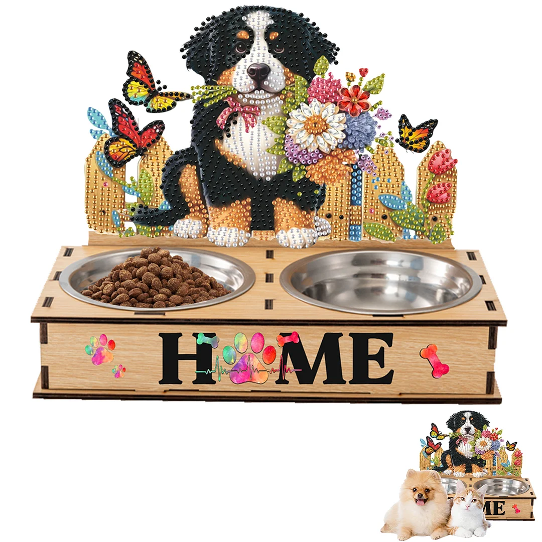Diamond Painting Food Bowl with Wood Stand Diamond Art Dog Bowl for Small Dogs