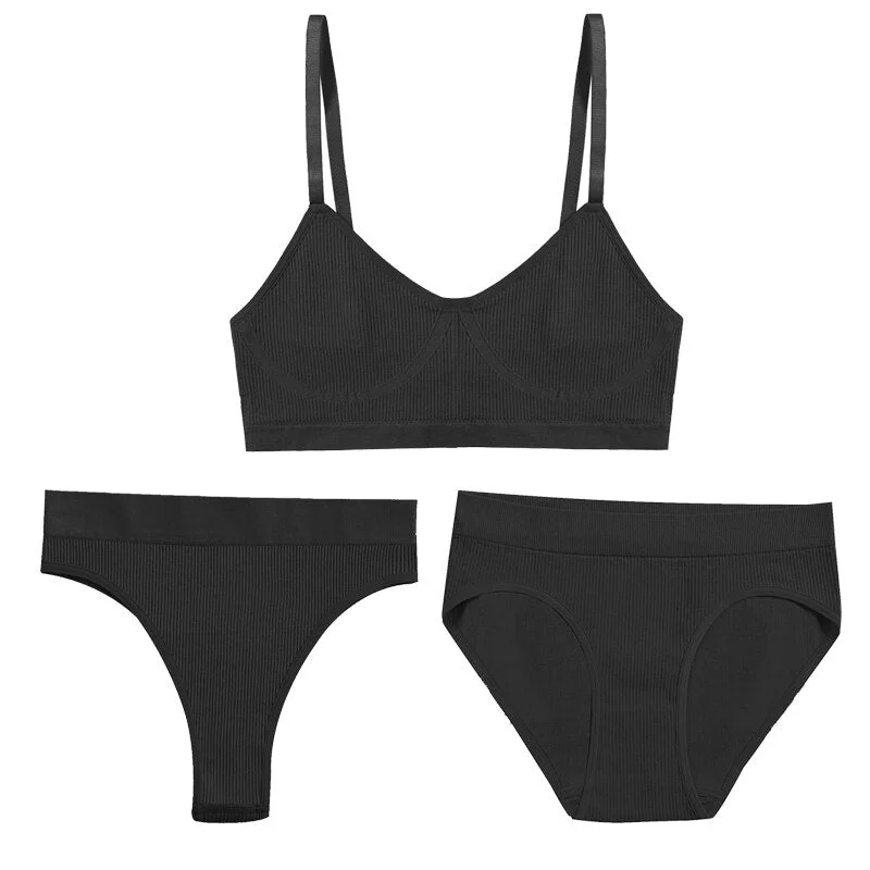 FINETOO 1 Top+3 Panties Set Women Seamless Bra G-String Thongs Soft Tops High Waist Shaper Underwear Female Lingerie Active Bra