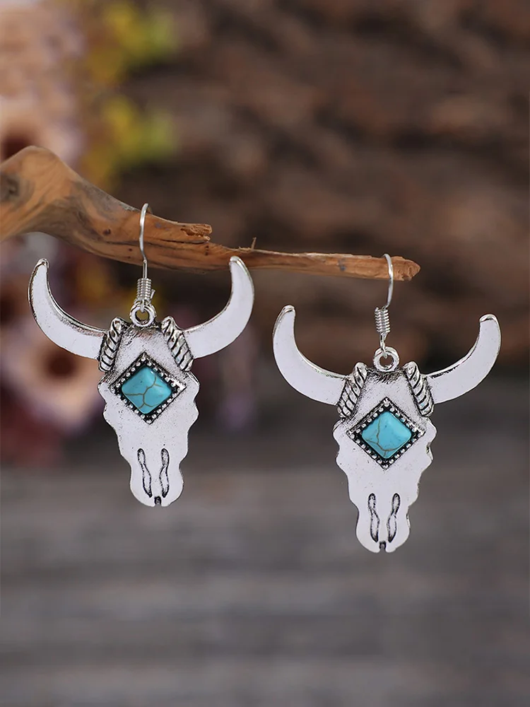 VChics Western Turquoise Cow Head Earrings