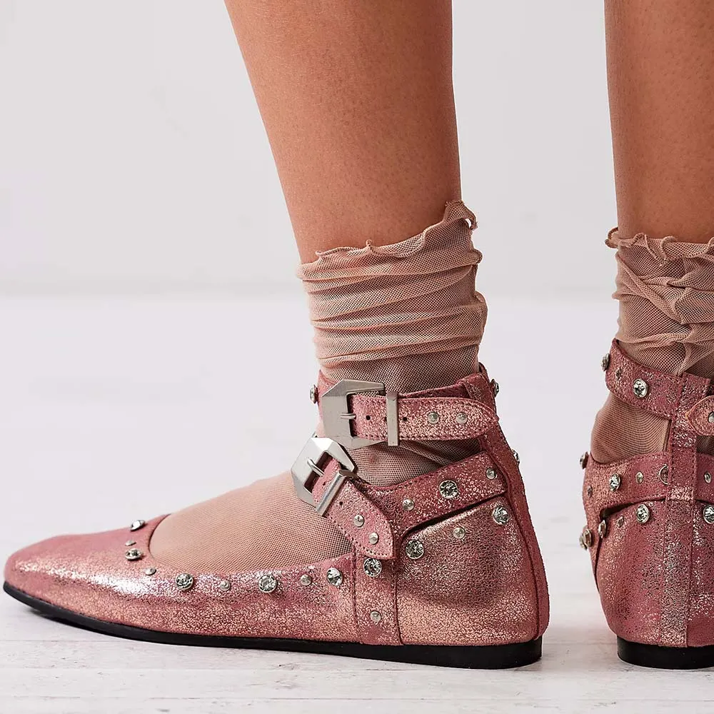 BALLET FLATS POINTED TOE IN PINK SHINY CALFSKIN ATTACHED FLOWERS