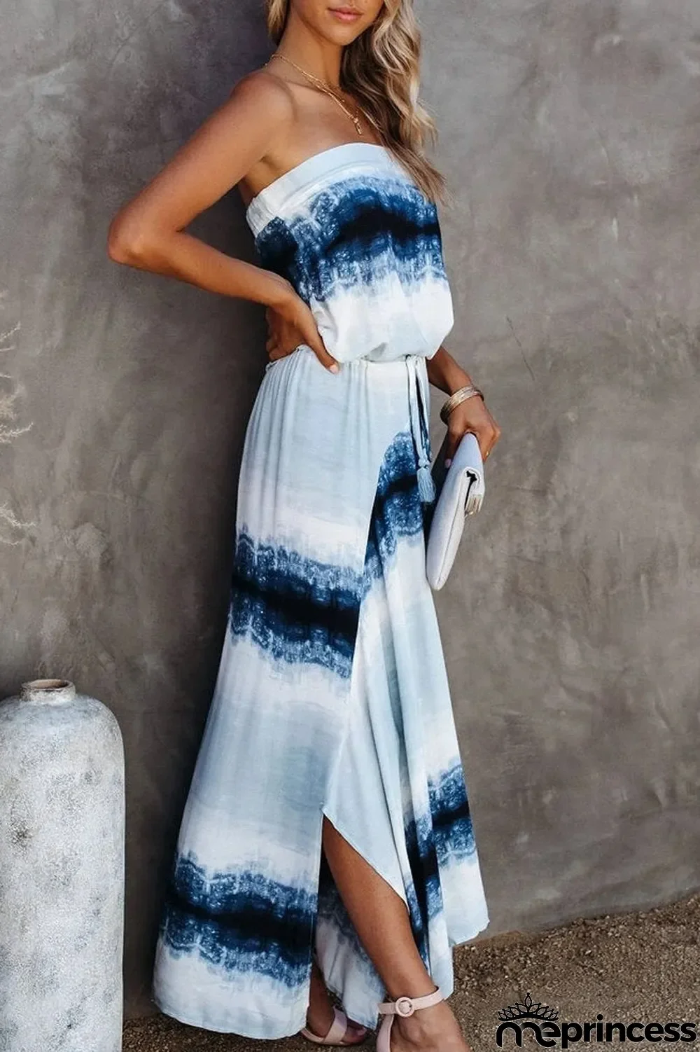 Tie Dye Drawstring Waist Tassel Tube Dress