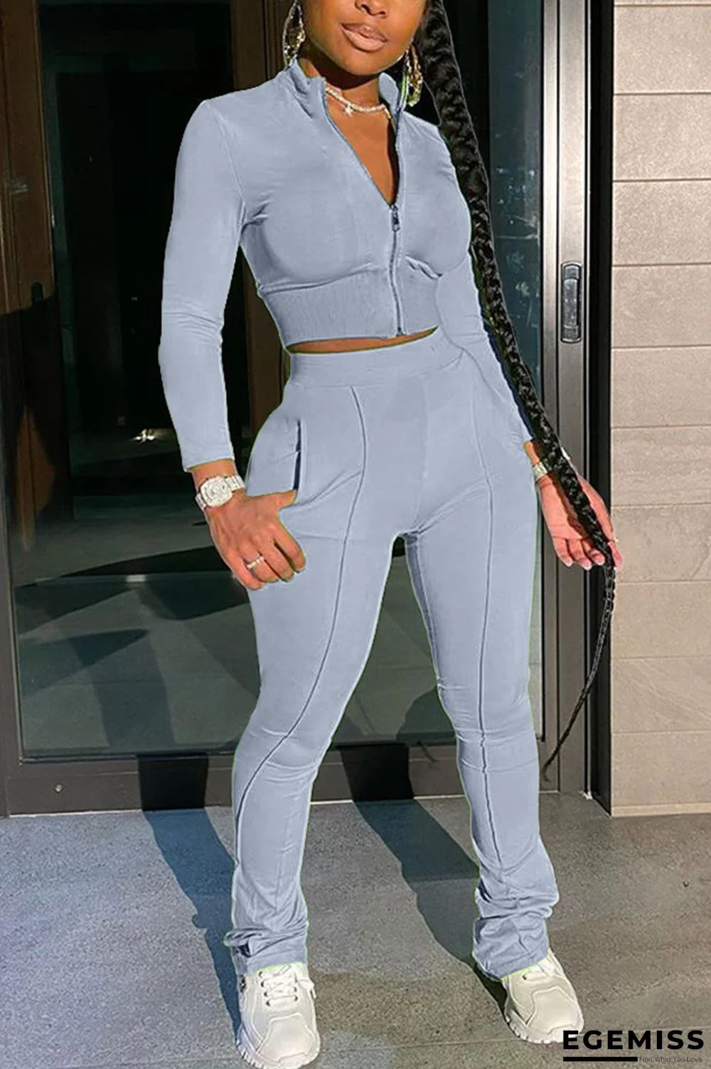 Grey Blends Solid Zippered Straight Long Sleeve Two Pieces | EGEMISS