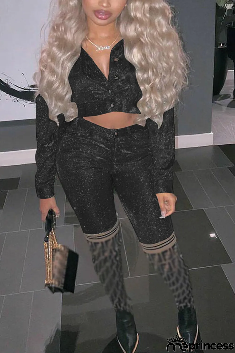 Black Street Polyester Solid Buttons V Neck Long Sleeve Regular Sleeve Regular Two Pieces