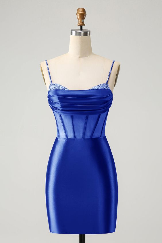 Exquisite Royal Blue Satin Spaghetti Strap Sleeveless Mini Homecoming Dress with Beadings
