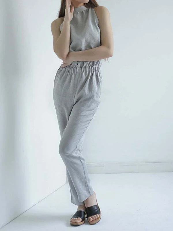 Linen High Neck Jumpsuit-Mayoulove