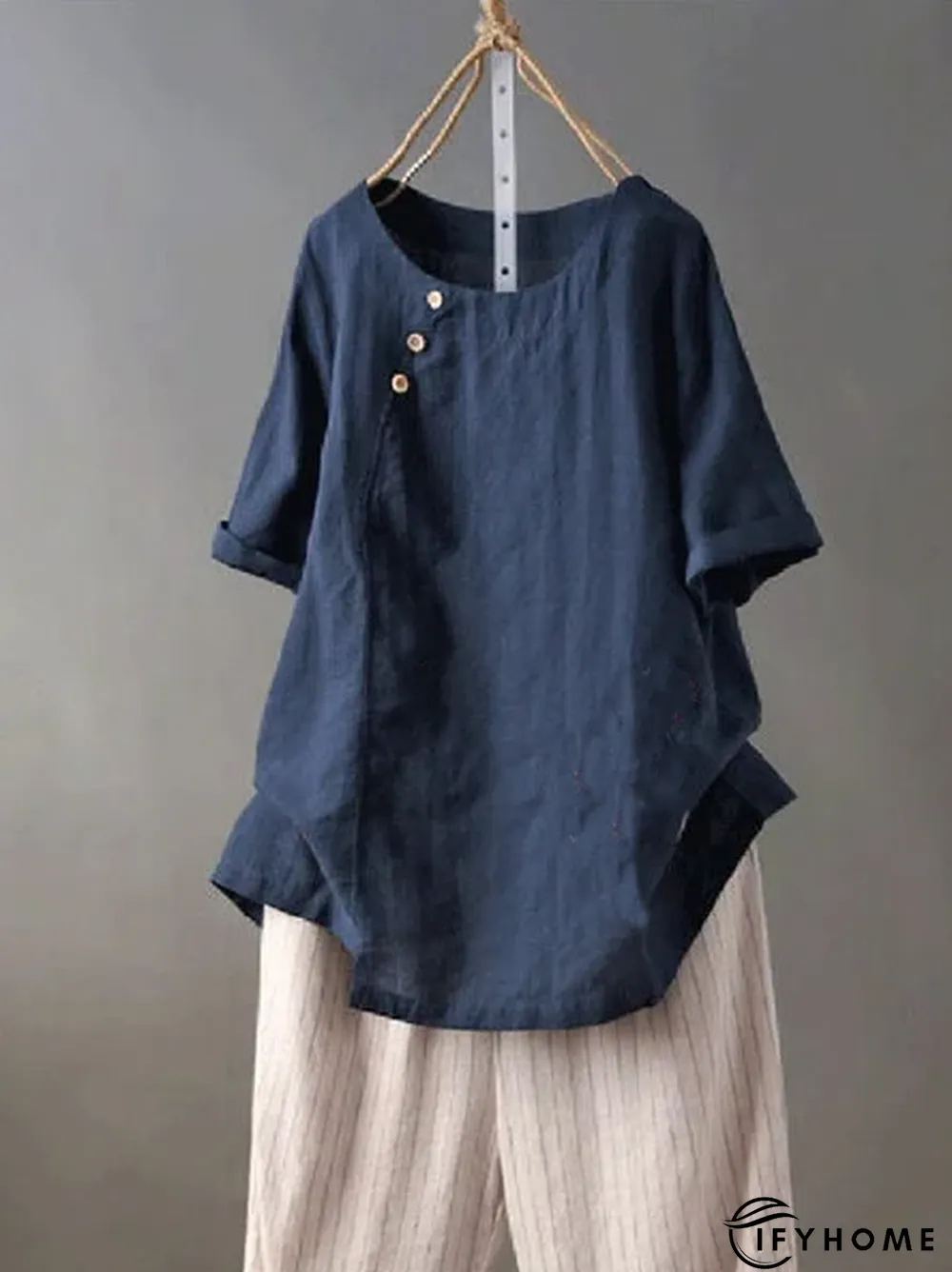 Solid Short Sleeve Buttoned Casual Crew Neck Tops | IFYHOME