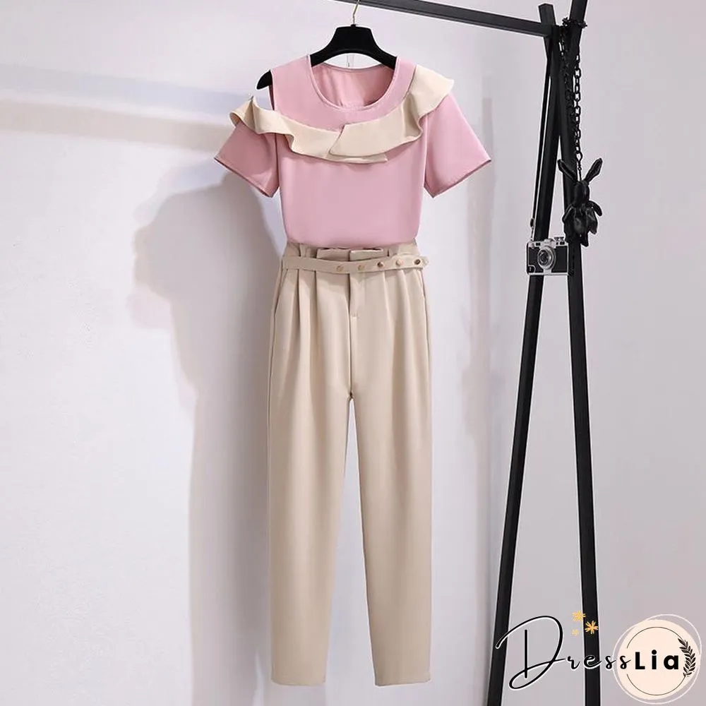 Fashion Ruffle Tee+Belt Pants P11684