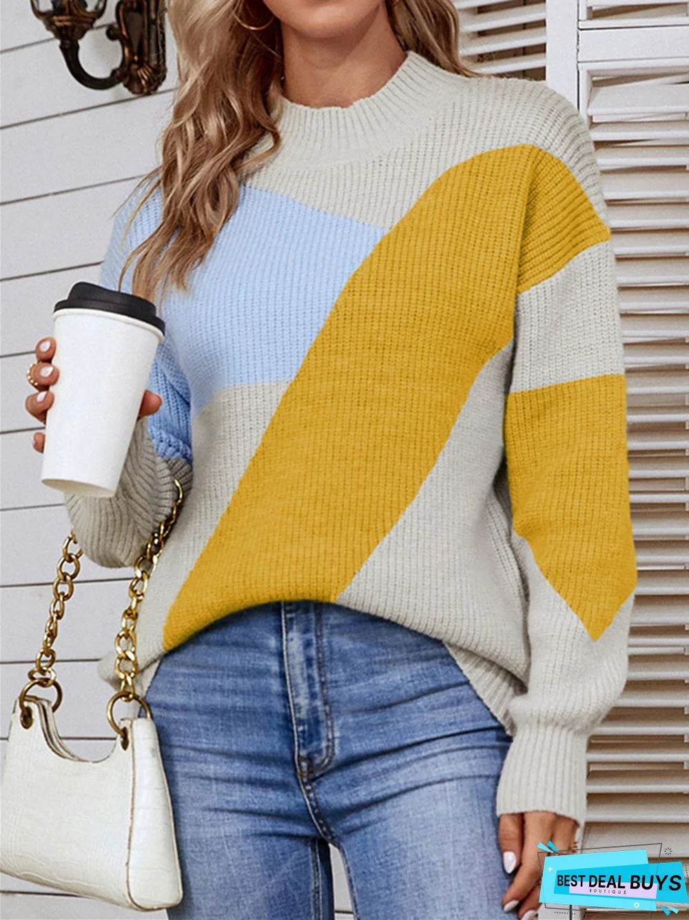 Commuter Semi-Turtleneck Color Matching Knitted Sweater