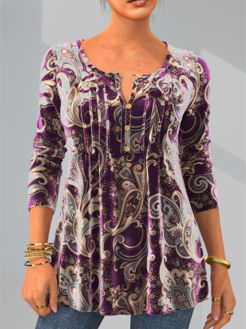 Women Long Sleeve V-neck Graphic Floral Printed Top