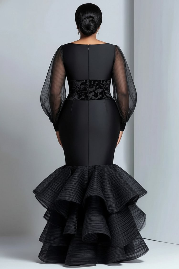 Xpluswear Design Plus Size Formal Organza Black Round Neck Lantern Sleeve Long Sleeve Mermaid Elegant See Through Satin Maxi Dresses [Pre-Order]