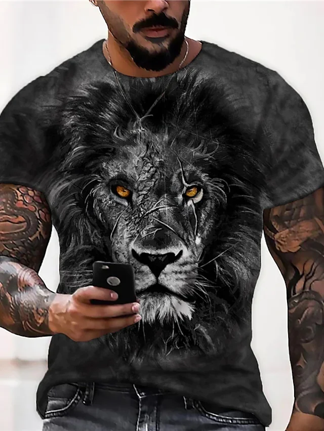 2023 Men's Hot Sale Fashion Casual Dark Gray 3D Lion Print Short Sleeve T-Shirt Top